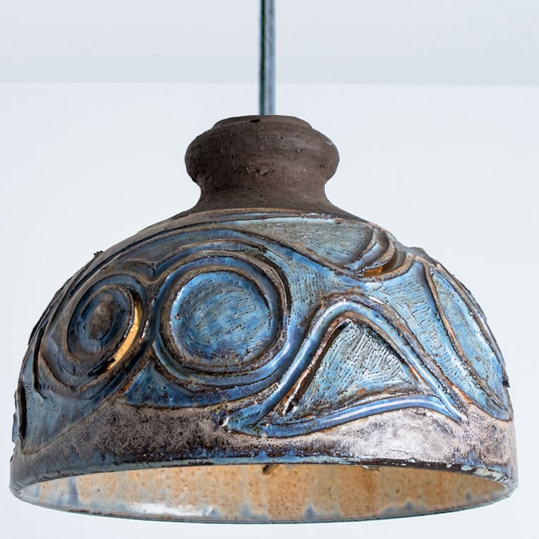 1 of the 4 Stunning Ceramic Brown Blue Pendants, Denmark 1960s