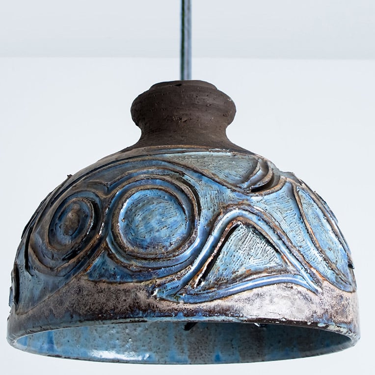 1 of the 4 Stunning Ceramic Brown Blue Pendants, Denmark 1960s