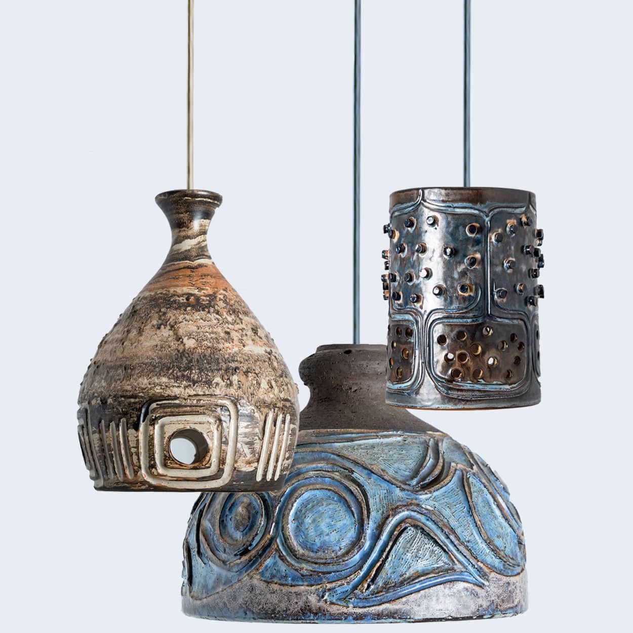 1 of the 4 Stunning Ceramic Brown Blue Pendants, Denmark 1960s