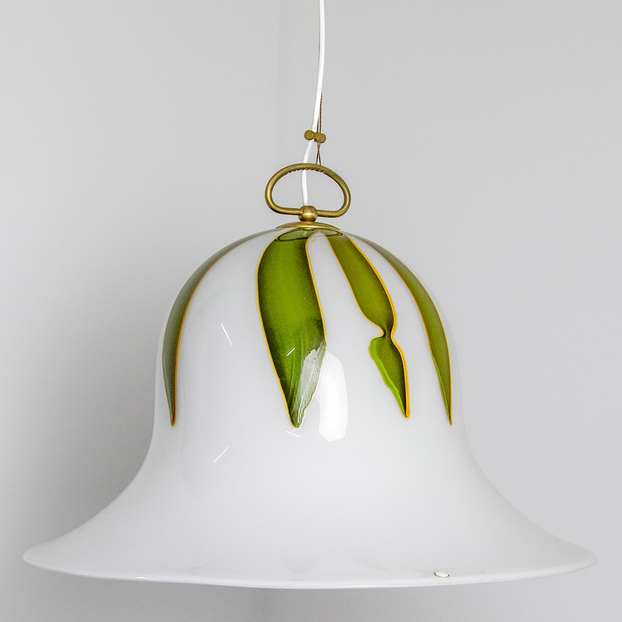 1 of the 2 XL Bell Shaped Murano Glass Pendants White Green Leafs, La Murinna