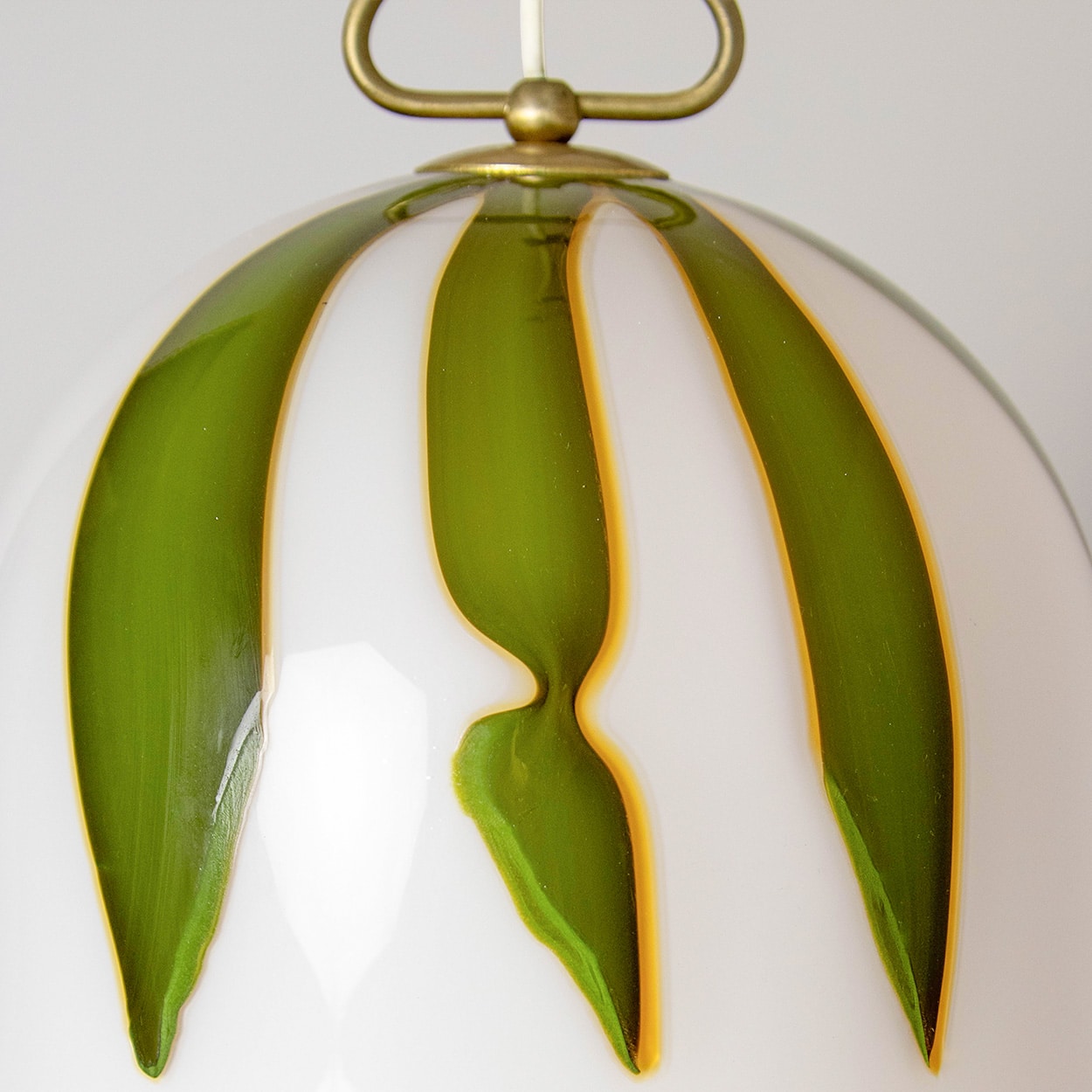 1 of the 2 XL Bell Shaped Murano Glass Pendants White Green Leafs, La Murinna