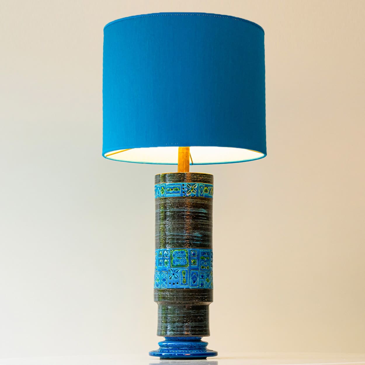 Bitossi Aqua Black Blue Ceramic Table Lamp, Blue Silk Lampshade by R. Houben