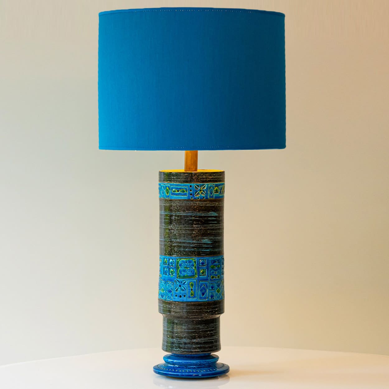 Bitossi Aqua Black Blue Ceramic Table Lamp, Blue Silk Lampshade by R. Houben