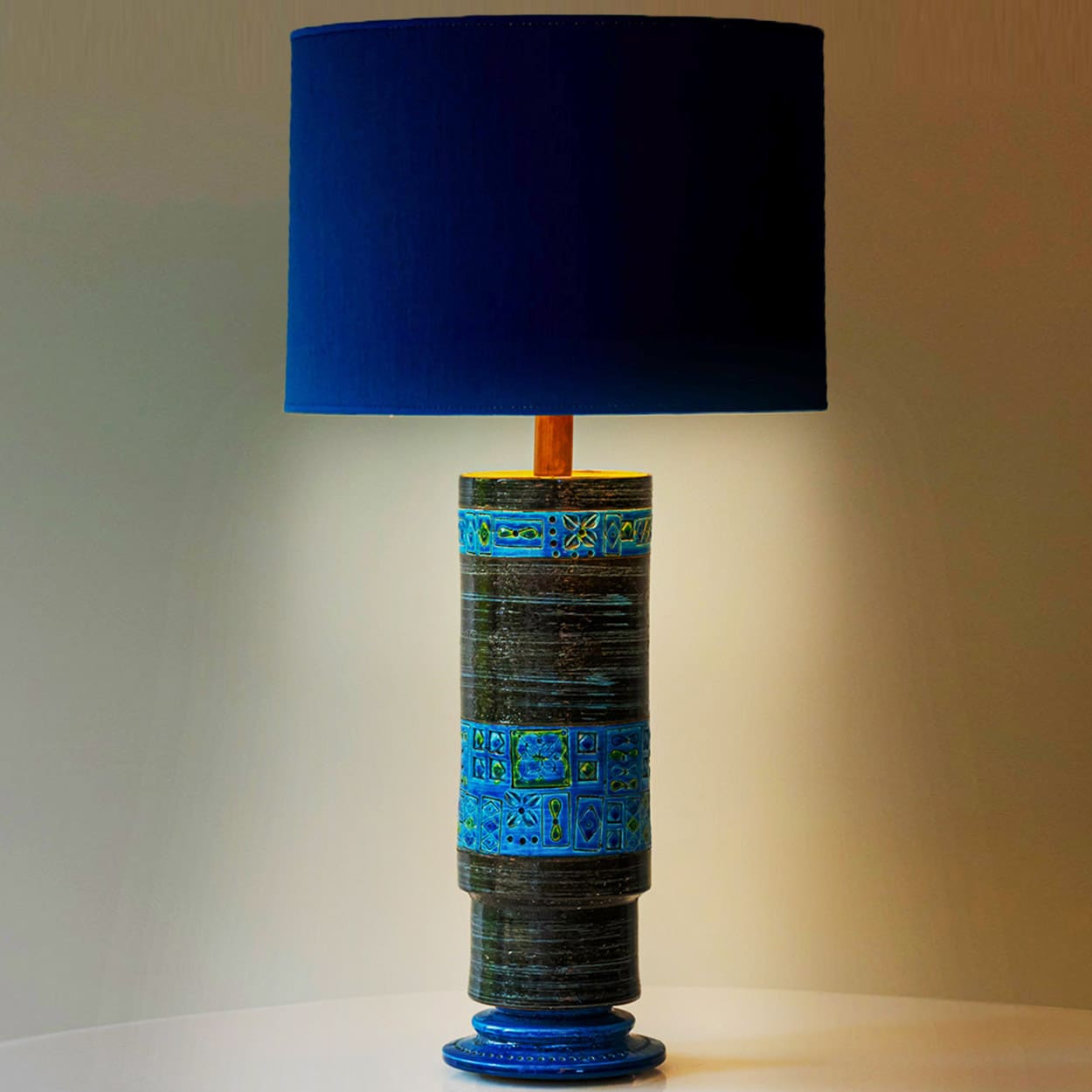 Bitossi Aqua Black Blue Ceramic Table Lamp, Blue Silk Lampshade by R. Houben