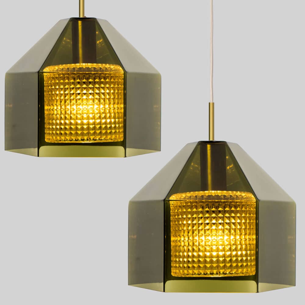 Swedish Green Tinted Glass & Brass Pendant Lamp by Carl Fagerlund for Orrefors