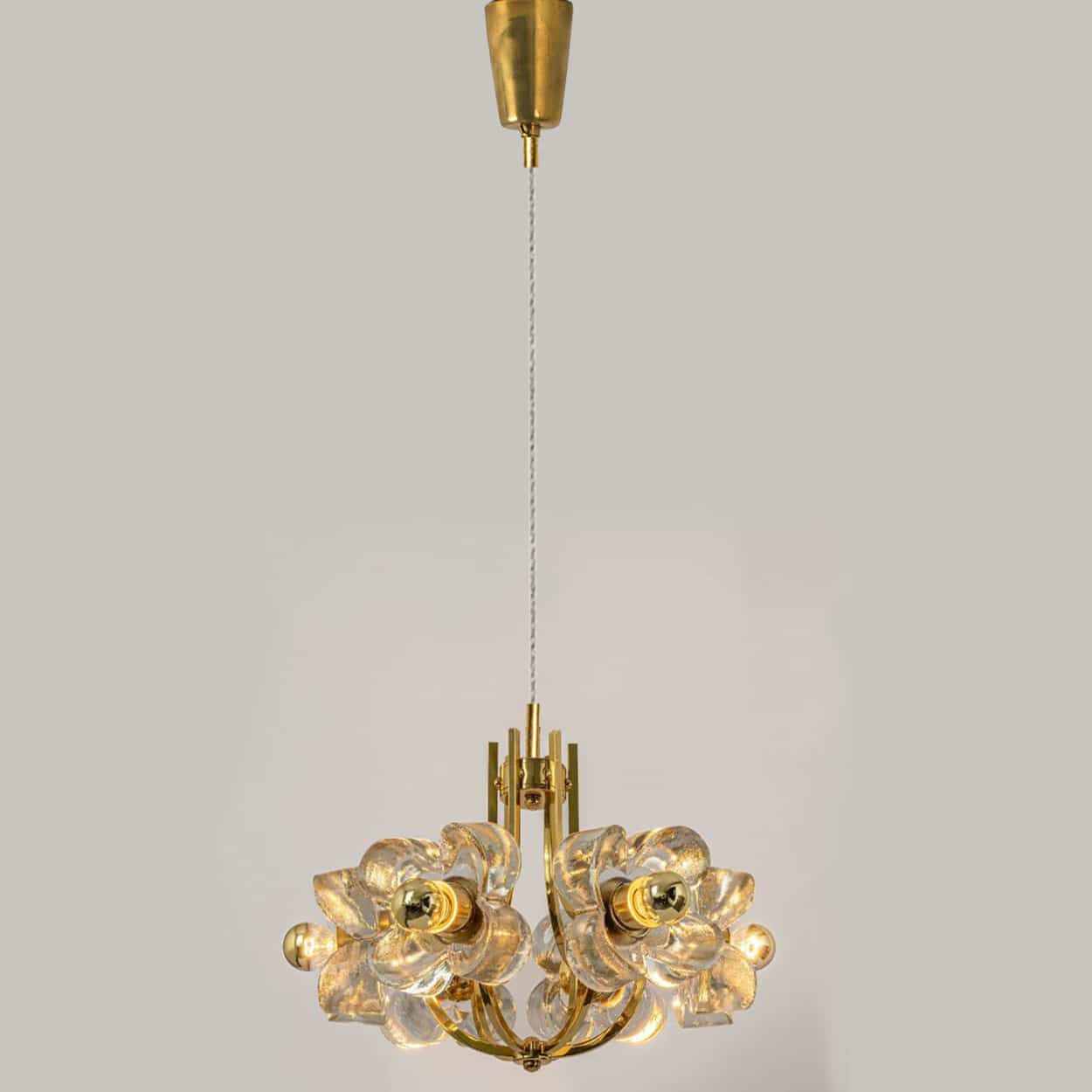 1 of the 2 Sische Glass and Brass Chandeliers, 1960s Modernist Design