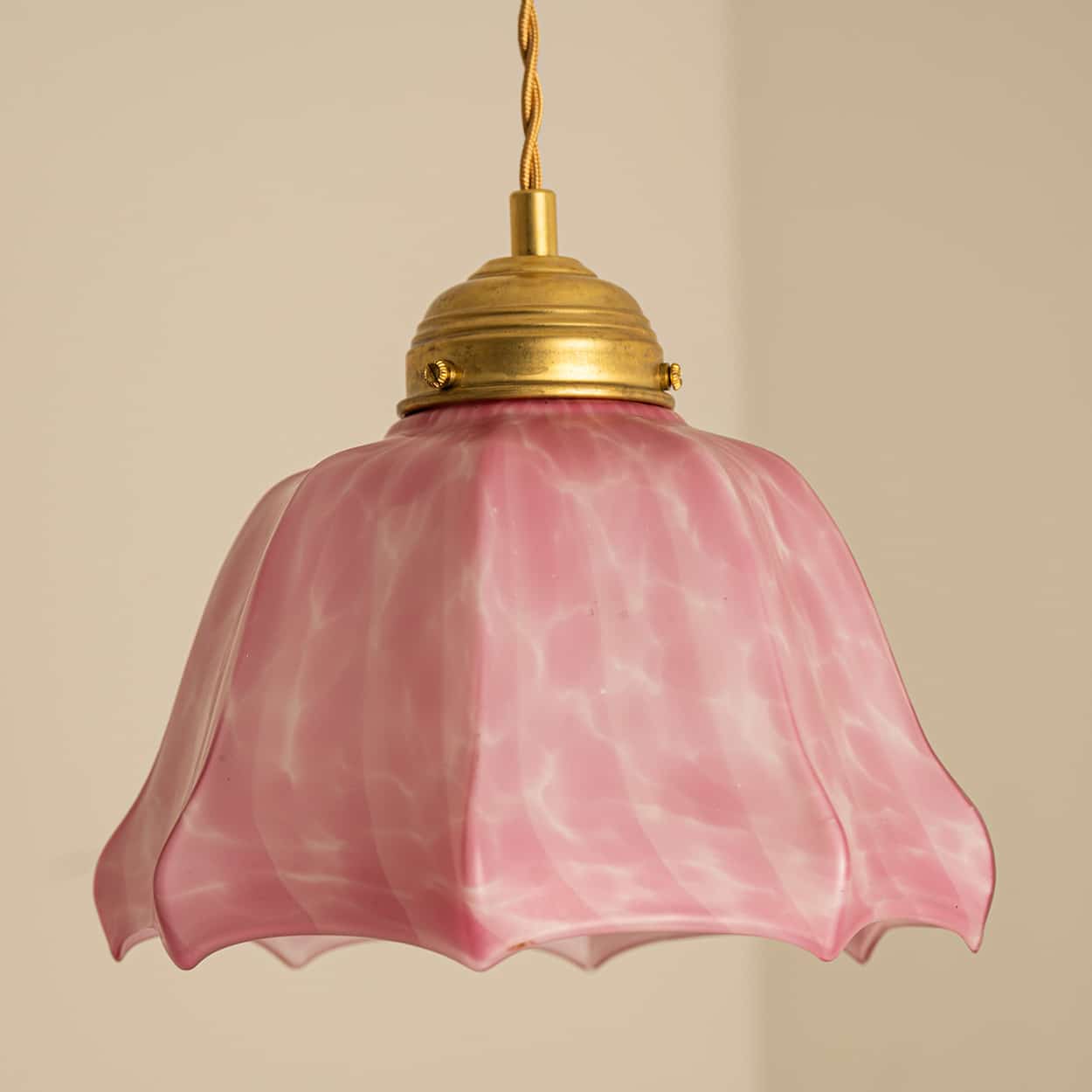 1 of 3 Art Deco Ruffled Murano Hand Blown Glass Pendants Red Pink, 1940