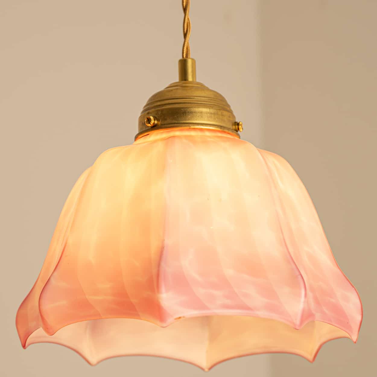 1 of 3 Art Deco Ruffled Murano Hand Blown Glass Pendants Red Pink, 1940