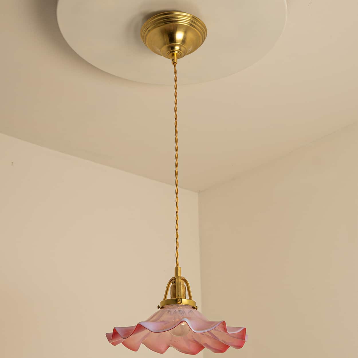 1 of 3 Art Deco Ruffled Murano Hand Blown Glass Pendants Red Pink, 1940