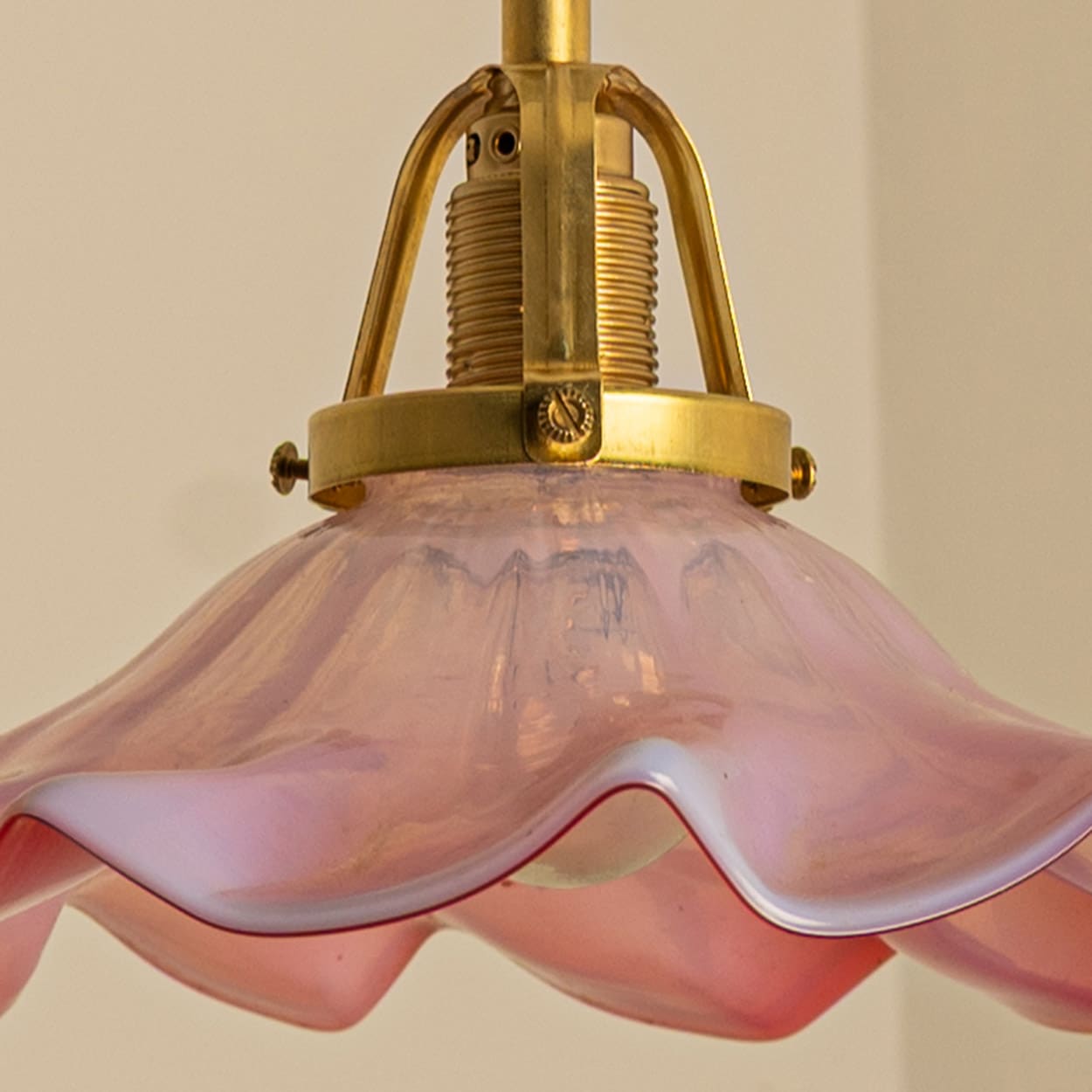 1 of 3 Art Deco Ruffled Murano Hand Blown Glass Pendants Red Pink, 1940
