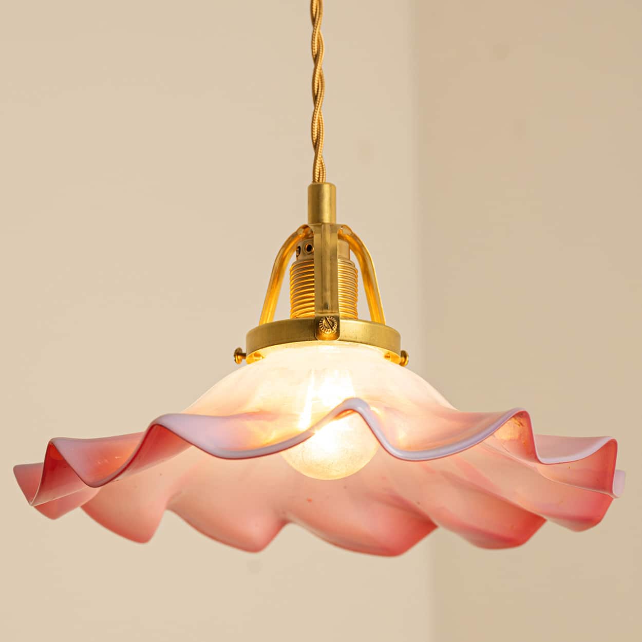 1 of 3 Art Deco Ruffled Murano Hand Blown Glass Pendants Red Pink, 1940
