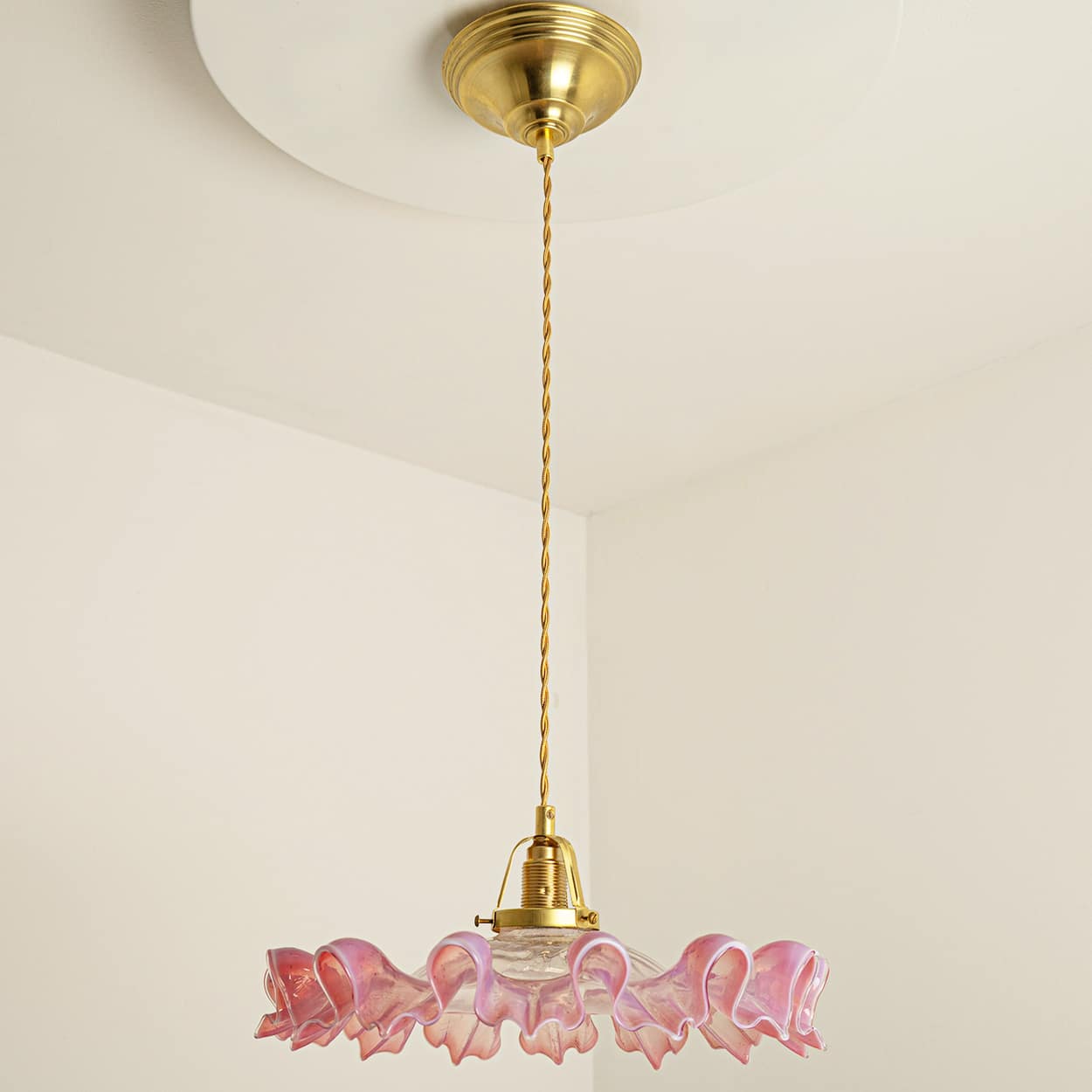 1 of 3 Art Deco Ruffled Murano Hand Blown Glass Pendants Red Pink, 1940