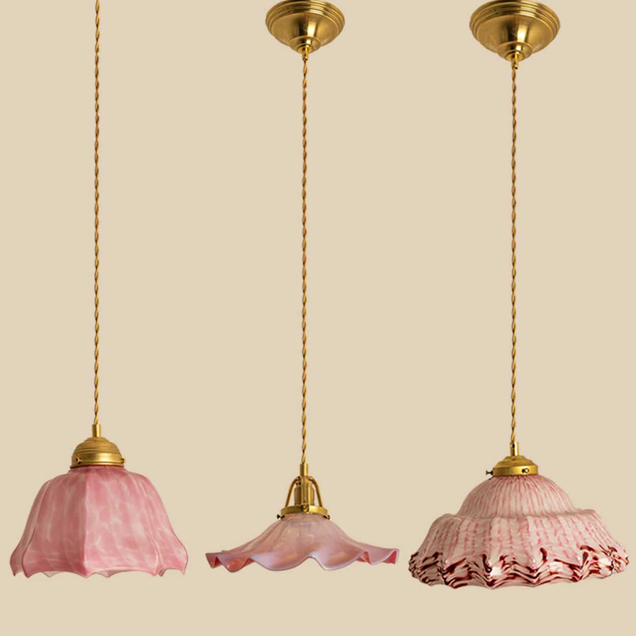 1 of 3 Art Deco Ruffled Murano Hand Blown Glass Pendants Red Pink, 1940