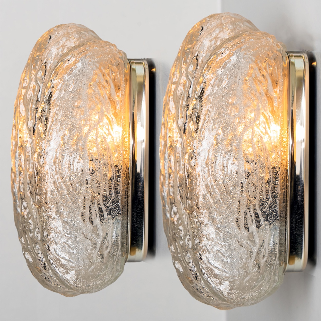 Pair of Sculptural Ice Glass and Chrome Wall Sconces by Doria, 1970