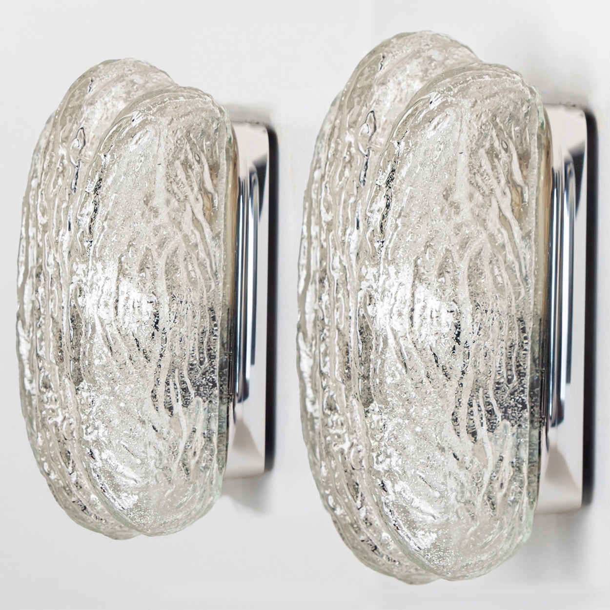 Pair of Sculptural Ice Glass and Chrome Wall Sconces by Doria, 1970