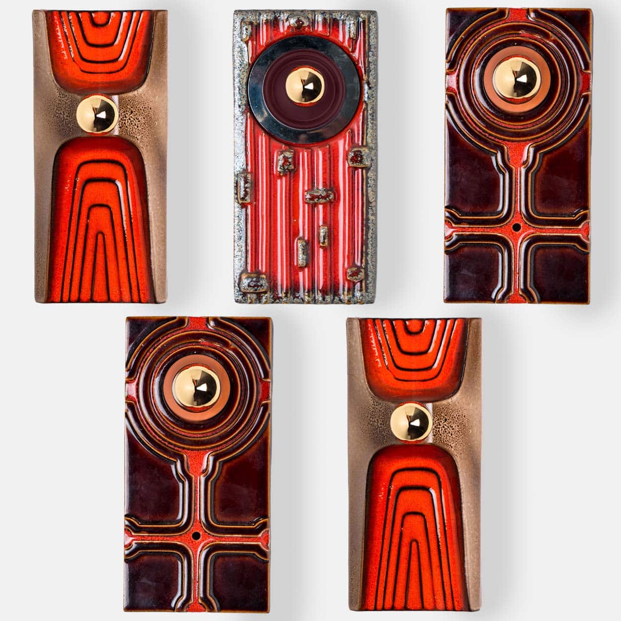 1 of the 5 Red Orange Brown Ceramic Wall Lights, Germany, 1970