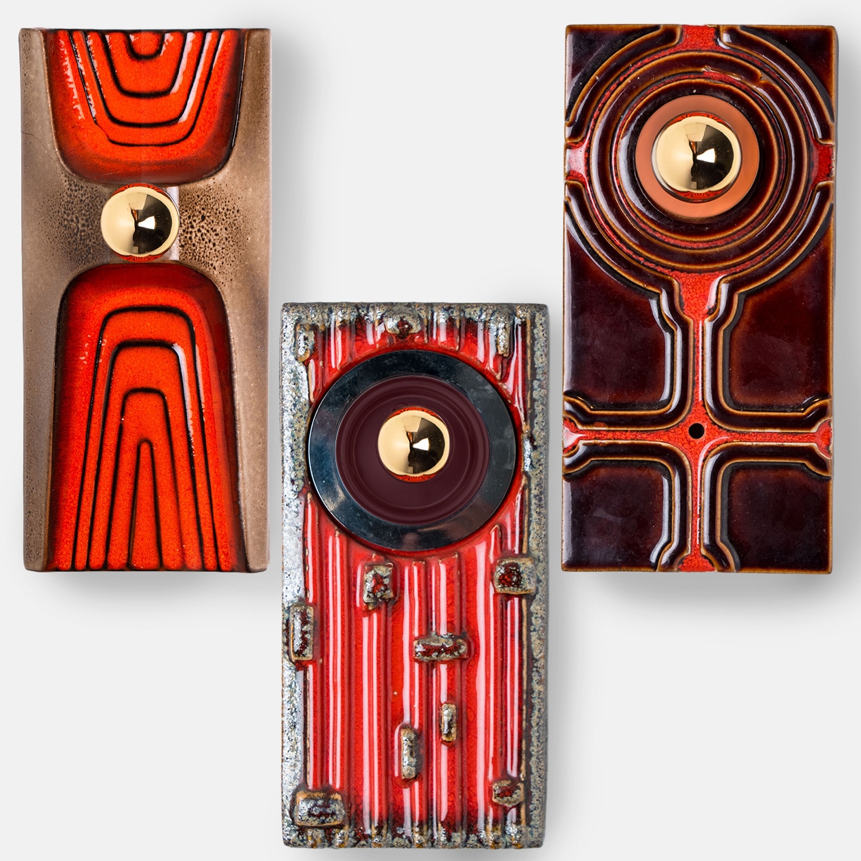 1 of the 5 Red Orange Brown Ceramic Wall Lights, Germany, 1970