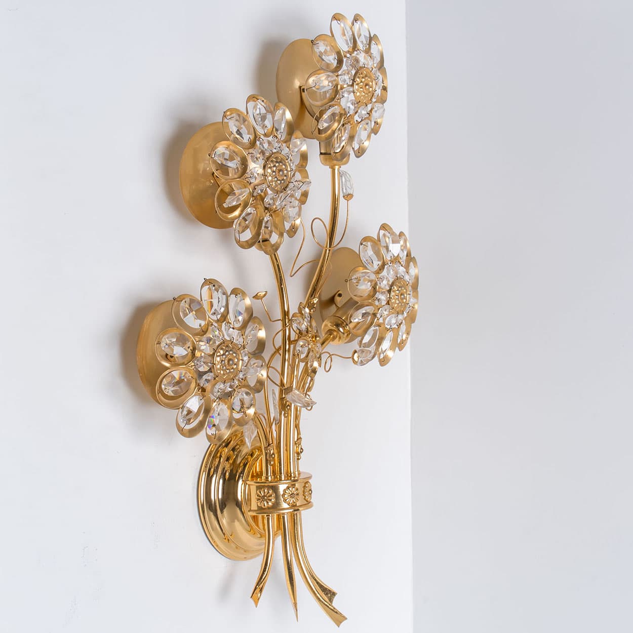 1 of the 2 Flower Crystal and Brass Wall Sconces by Palwa, 1960s, Germany