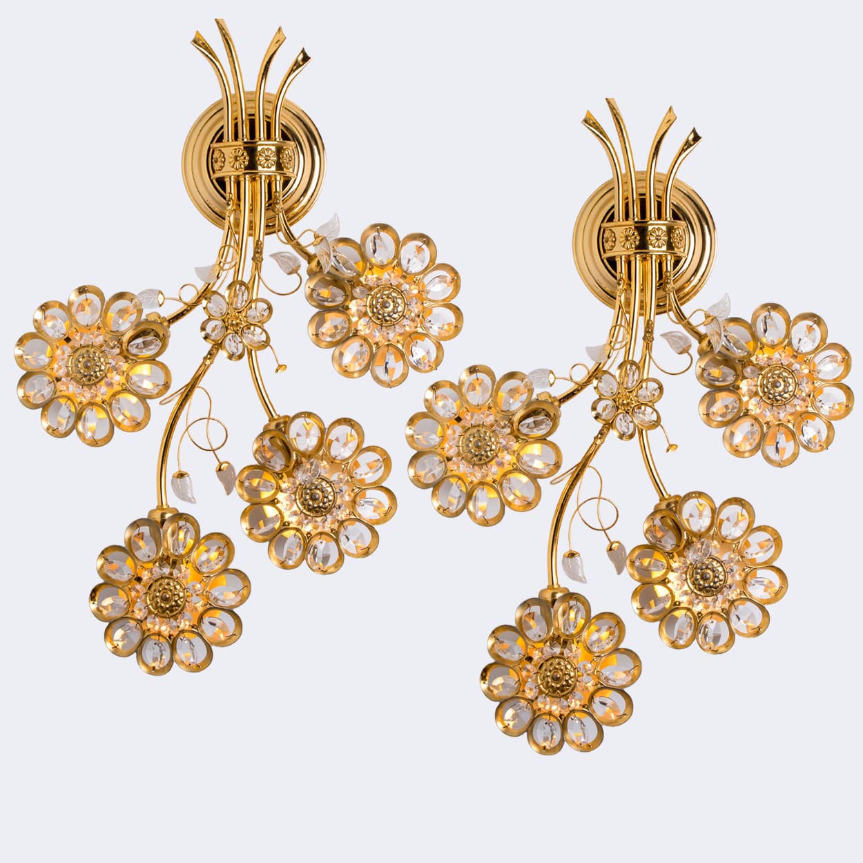 1 of the 2 Flower Crystal and Brass Wall Sconces by Palwa, 1960s, Germany