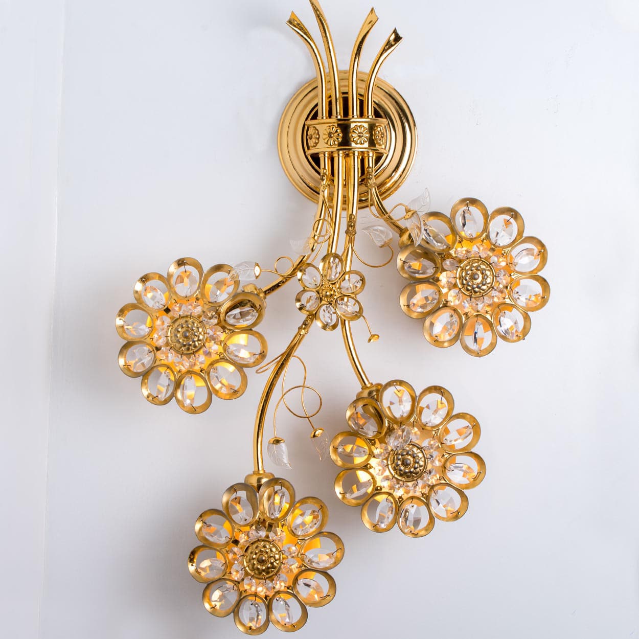 1 of the 2 Flower Crystal and Brass Wall Sconces by Palwa, 1960s, Germany