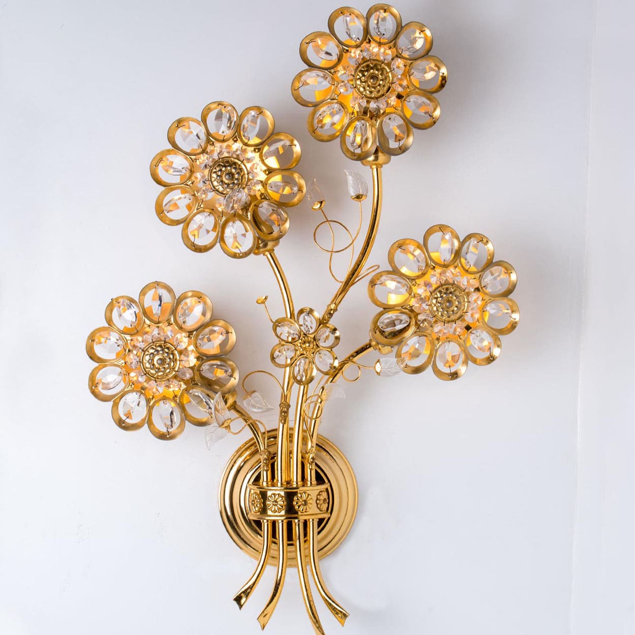 1 of the 2 Flower Crystal and Brass Wall Sconces by Palwa, 1960s, Germany