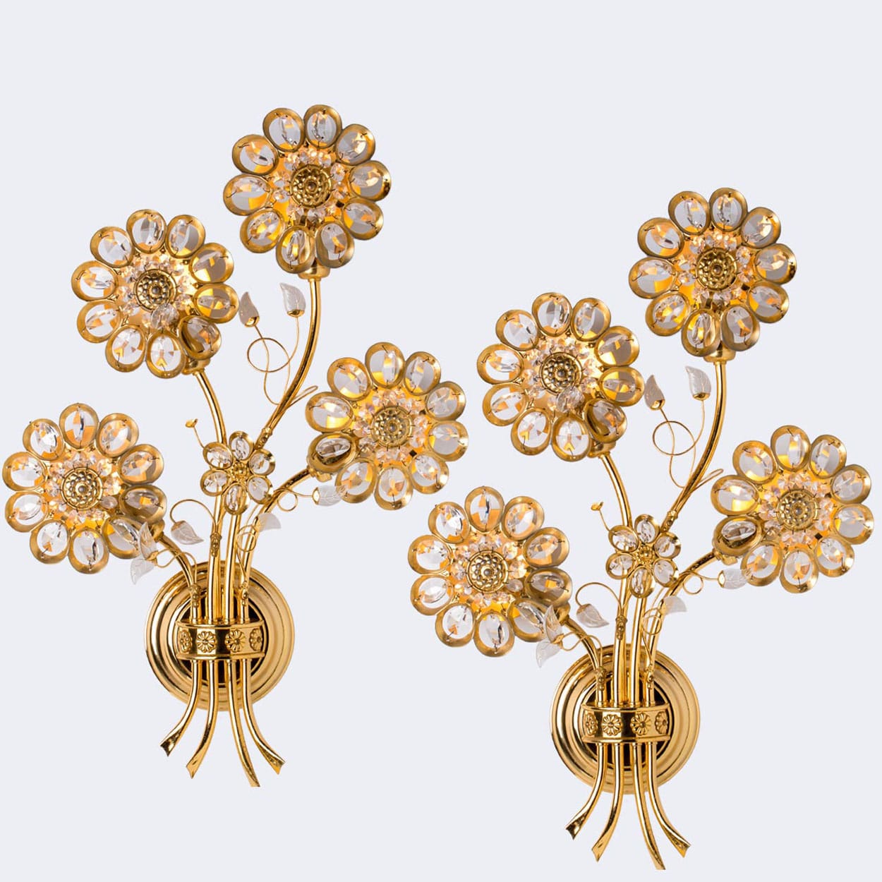 1 of the 2 Flower Crystal and Brass Wall Sconces by Palwa, 1960s, Germany