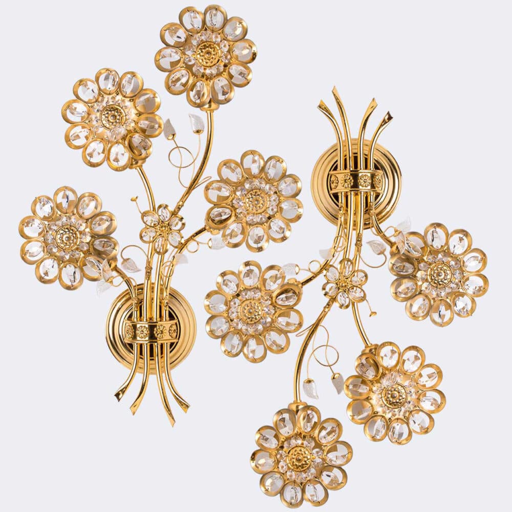 1 of the 2 Flower Crystal and Brass Wall Sconces by Palwa, 1960s, Germany