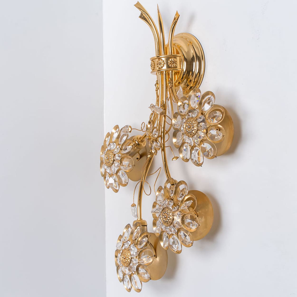 1 of the 2 Flower Crystal and Brass Wall Sconces by Palwa, 1960s, Germany