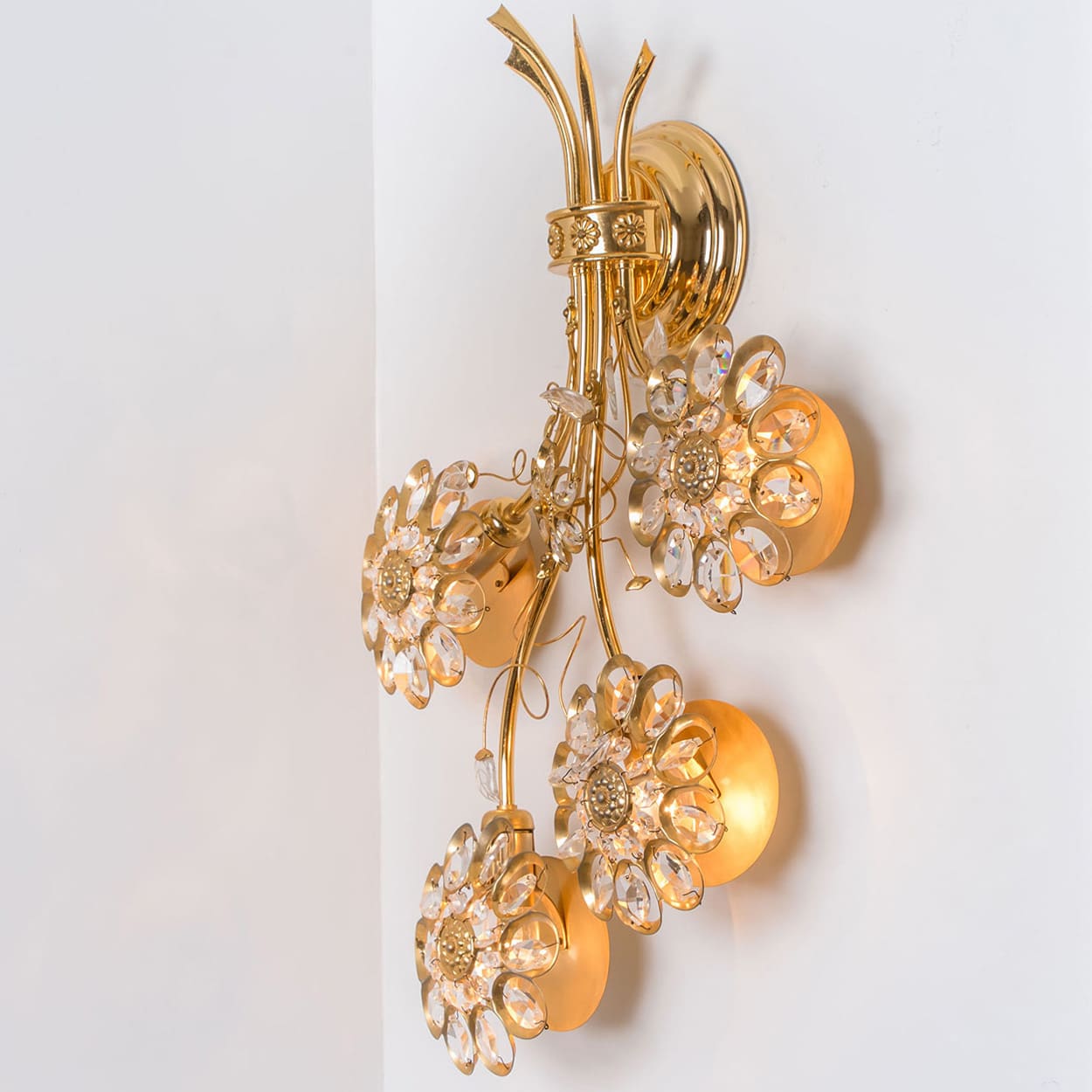 1 of the 2 Flower Crystal and Brass Wall Sconces by Palwa, 1960s, Germany