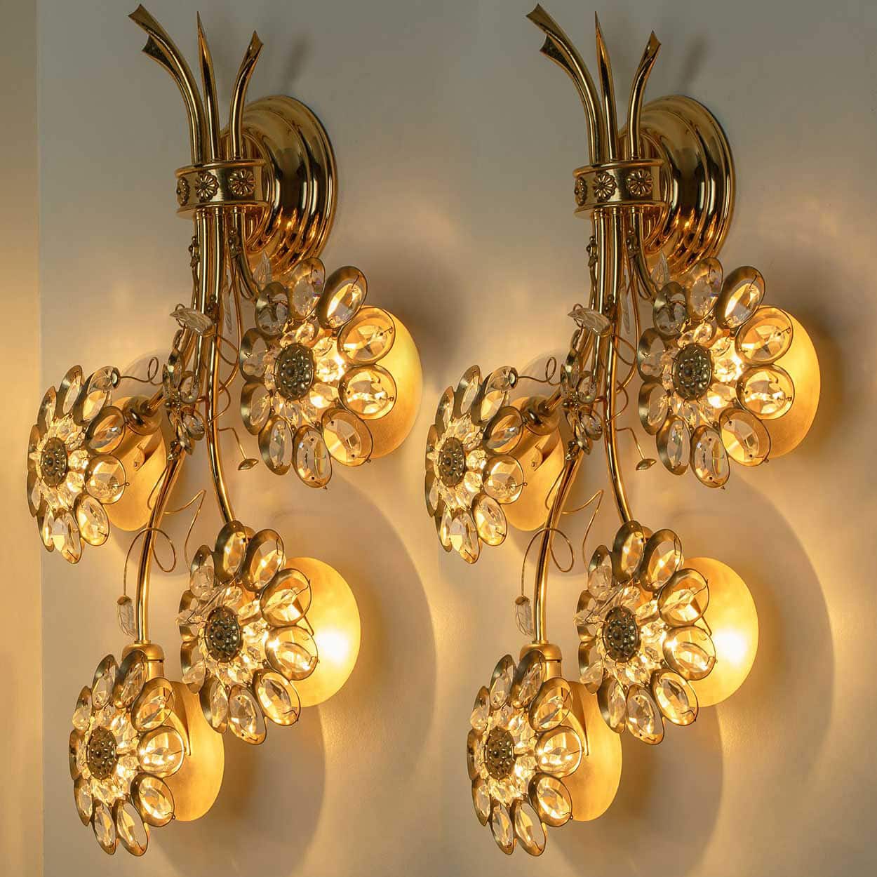 1 of the 2 Flower Crystal and Brass Wall Sconces by Palwa, 1960s, Germany