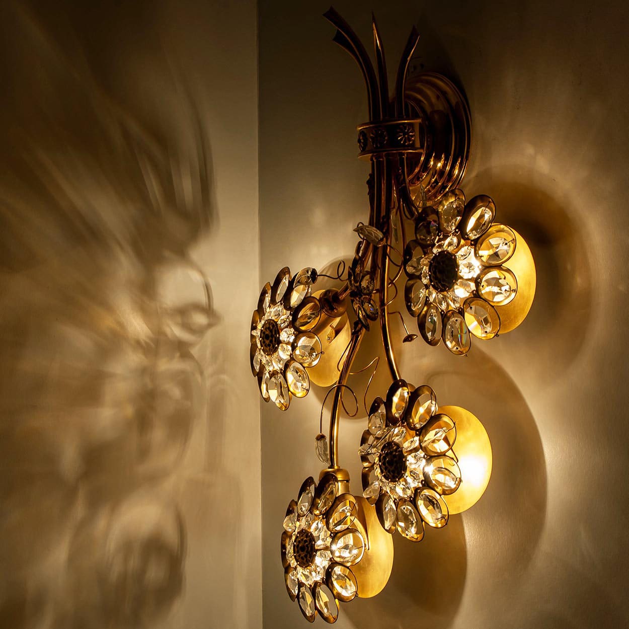1 of the 2 Flower Crystal and Brass Wall Sconces by Palwa, 1960s, Germany