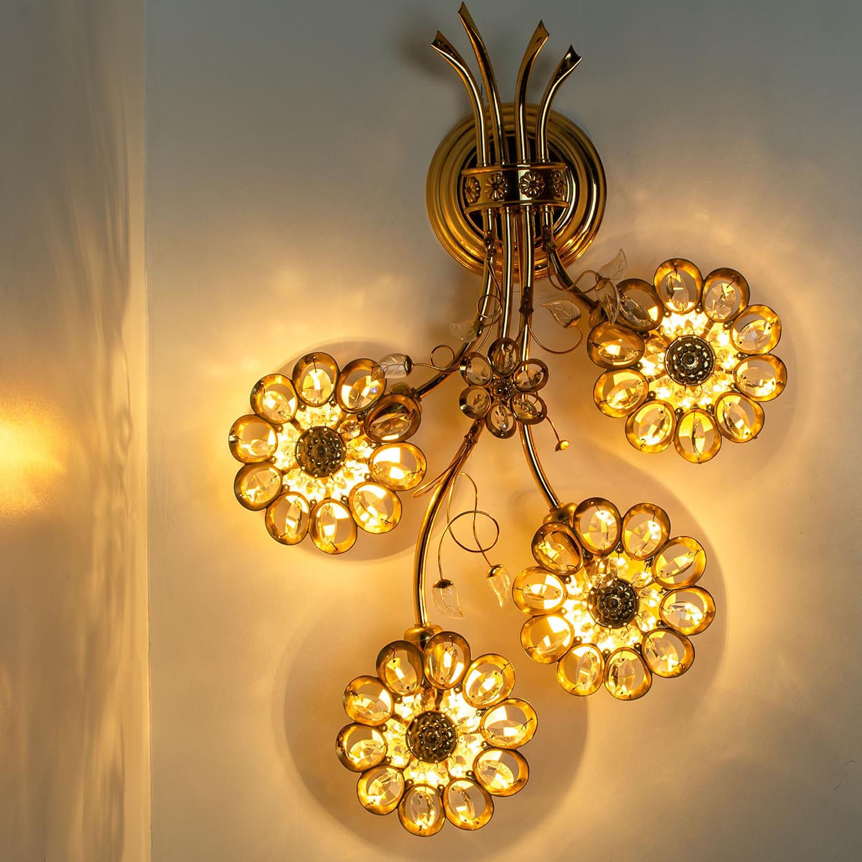 1 of the 2 Flower Crystal and Brass Wall Sconces by Palwa, 1960s, Germany