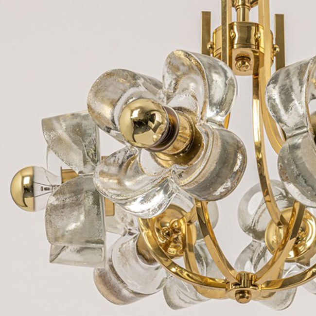 1 of the 2 Sische Glass and Brass Chandeliers, 1960s Modernist Design