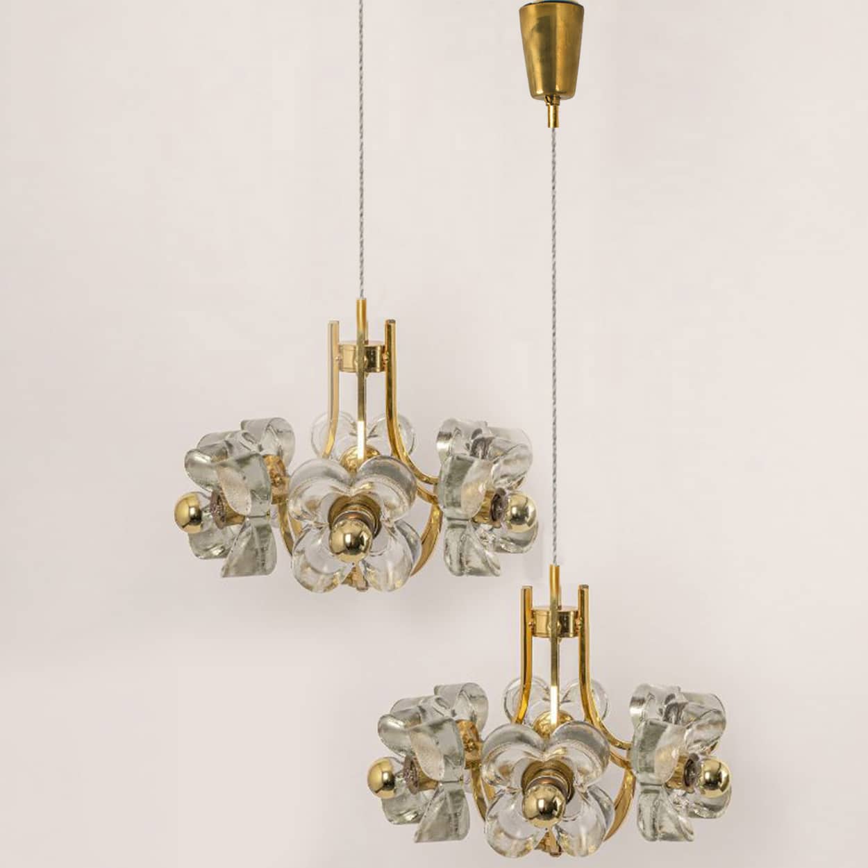 1 of the 2 Sische Glass and Brass Chandeliers, 1960s Modernist Design