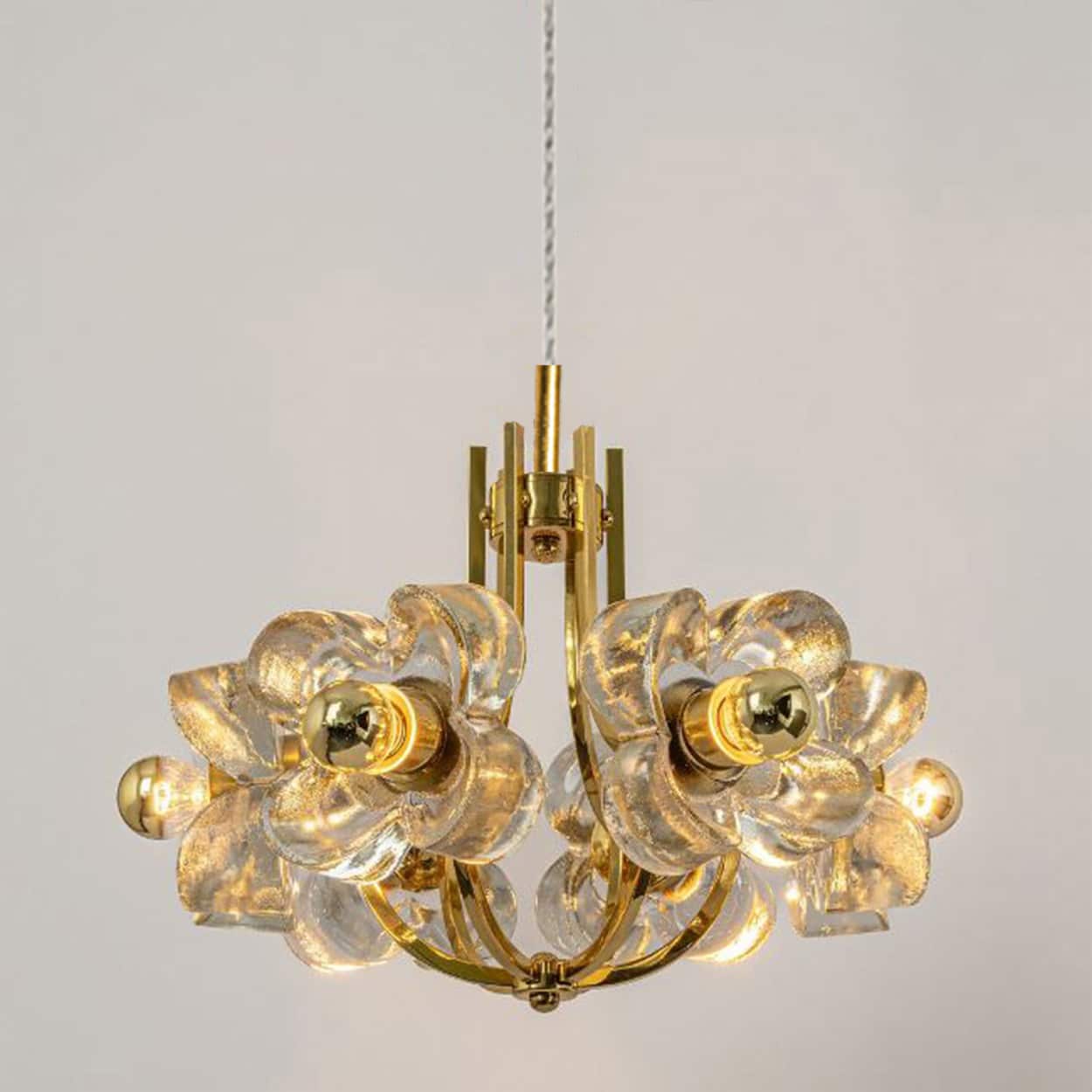 1 of the 2 Sische Glass and Brass Chandeliers, 1960s Modernist Design