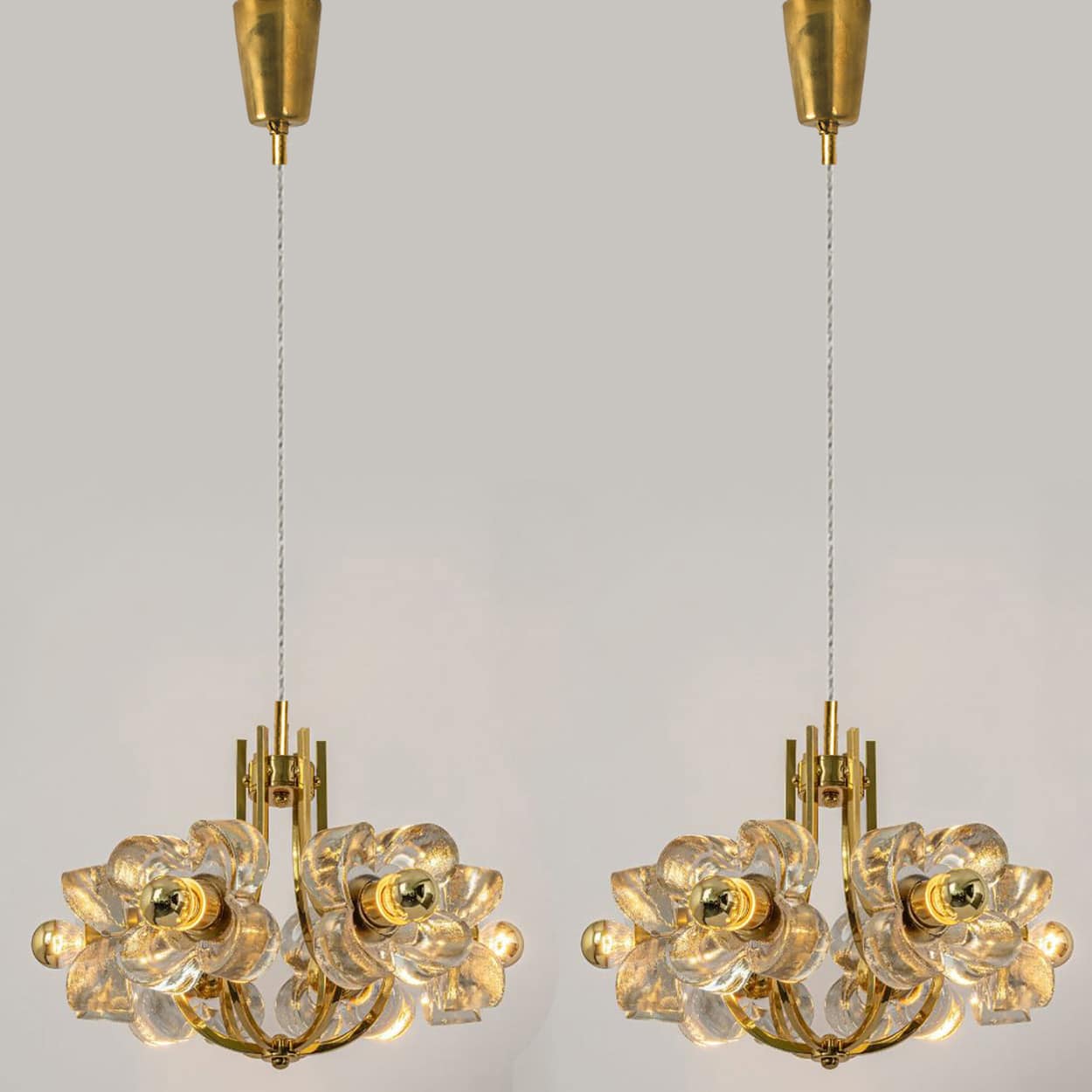 1 of the 2 Sische Glass and Brass Chandeliers, 1960s Modernist Design