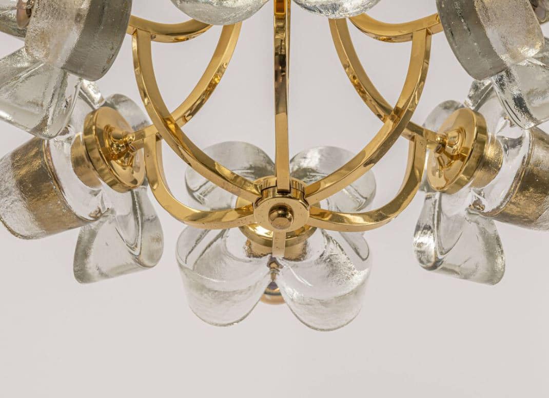 1 of the 2 Sische Glass and Brass Chandeliers, 1960s Modernist Design