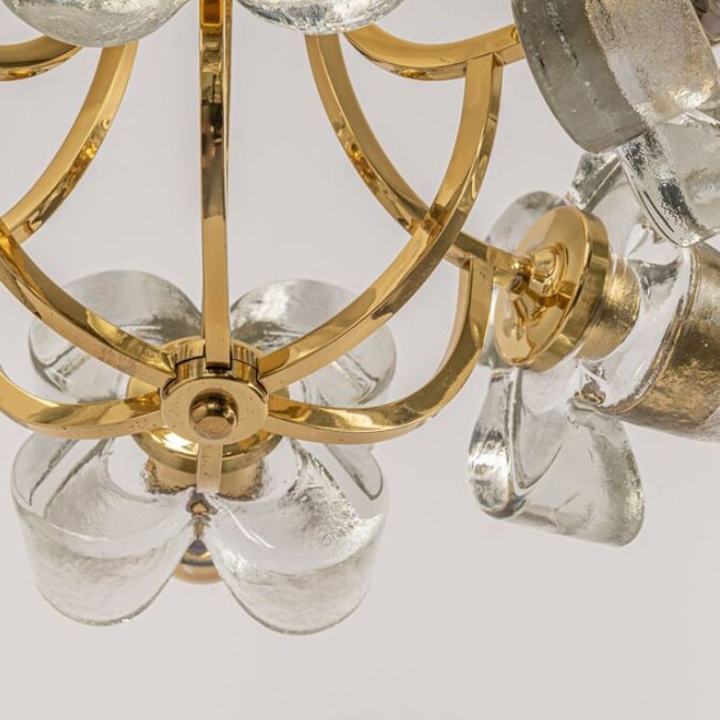 1 of the 2 Sische Glass and Brass Chandeliers, 1960s Modernist Design