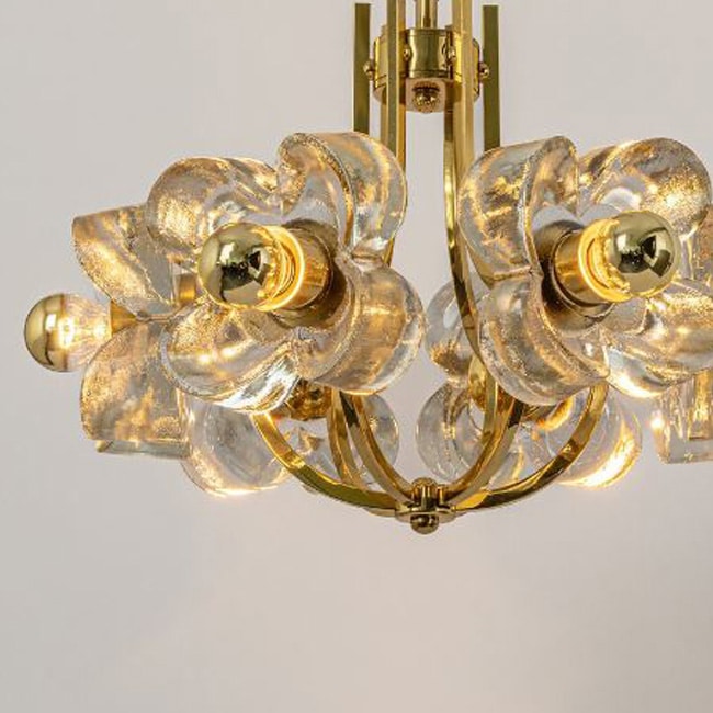 1 of the 2 Sische Glass and Brass Chandeliers, 1960s Modernist Design