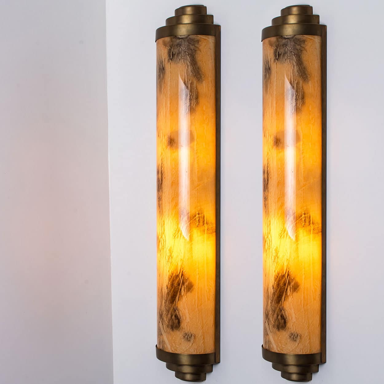 1 of the 4 Thin Art Deco Marble Colored Opal Glass Wall Lights, 1960
