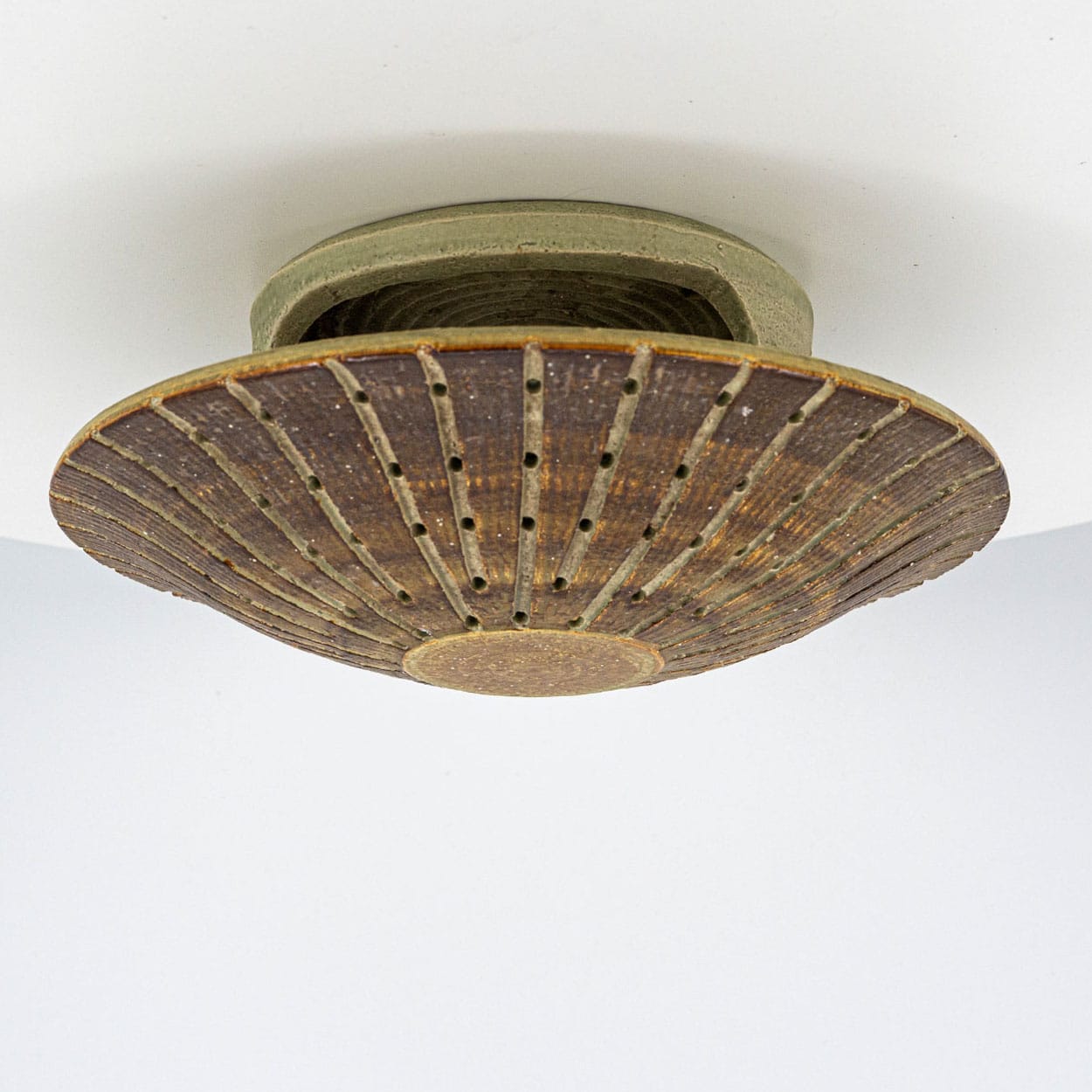 1 of the 2 Ceramic Round Wall Lights Holes in the style of Axella, Denmark 1970