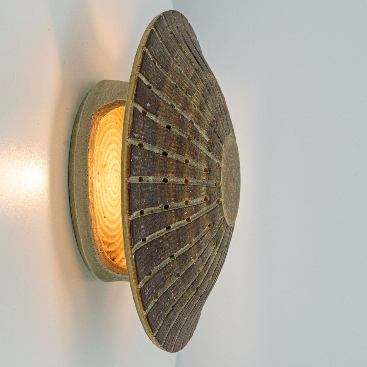 1 of the 2 Ceramic Round Wall Lights Holes in the style of Axella, Denmark 1970