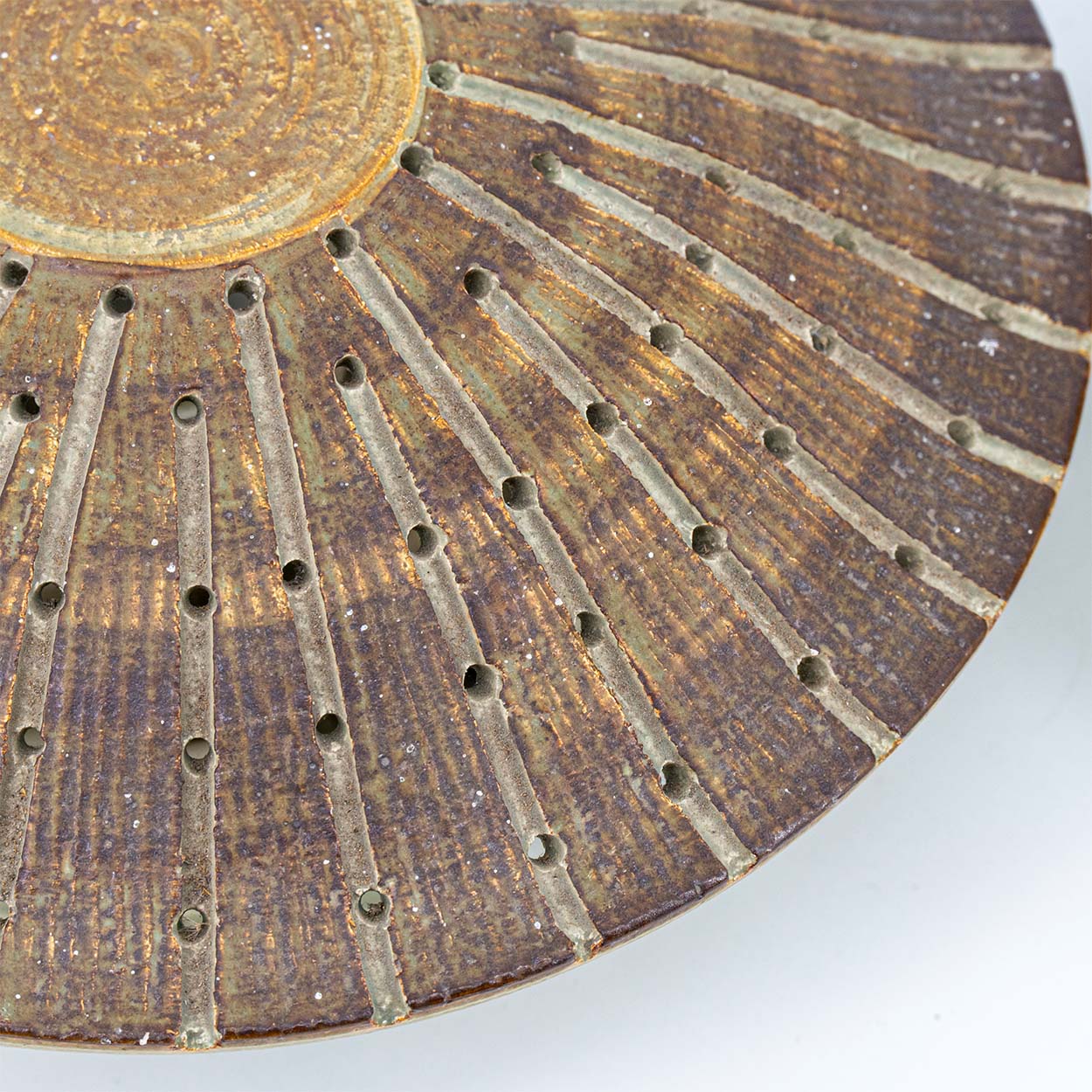 1 of the 2 Ceramic Round Wall Lights Holes in the style of Axella, Denmark 1970