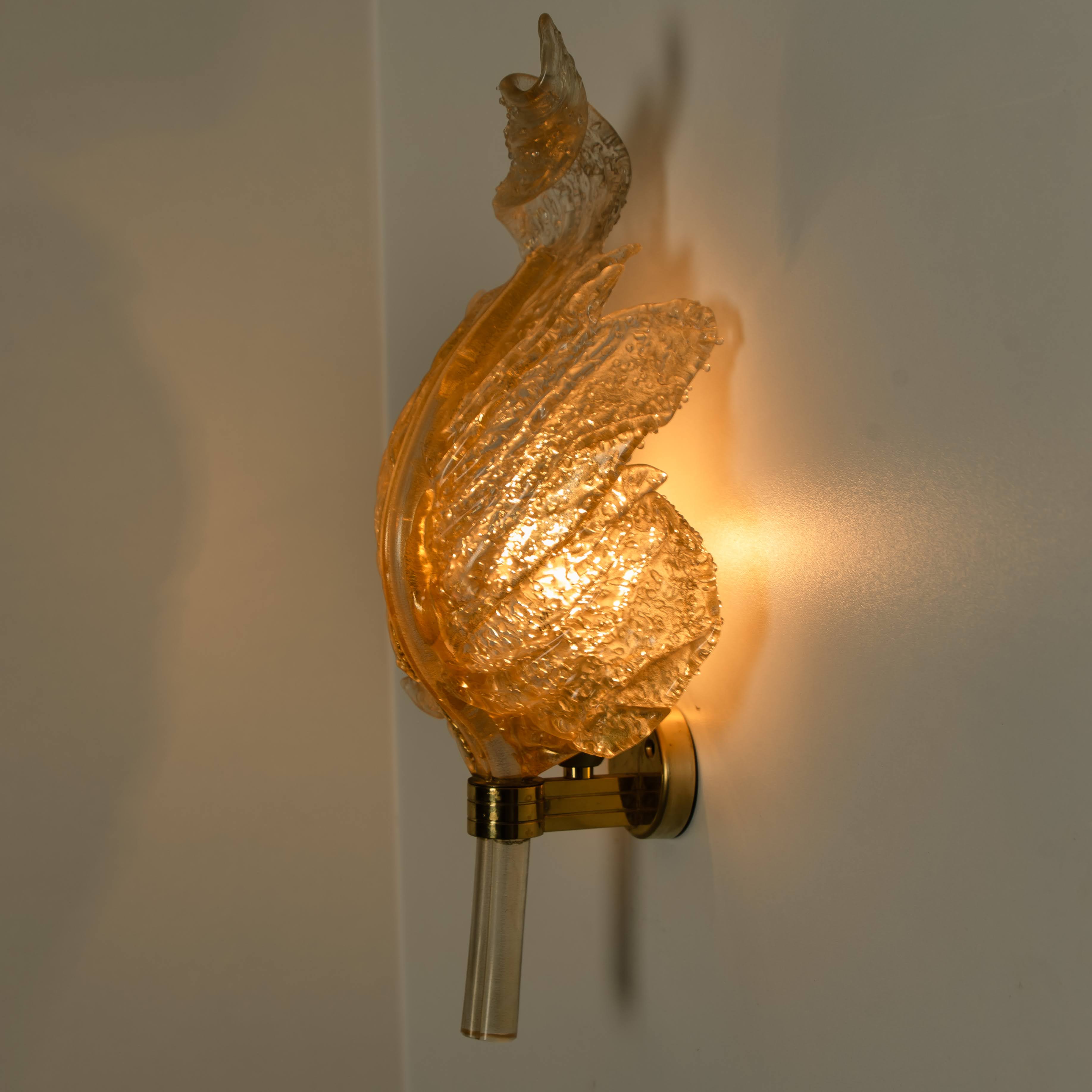 1 of the 4 Wall Sconces Barovier & Toso Glass and Brass Leafs, Italy 1970