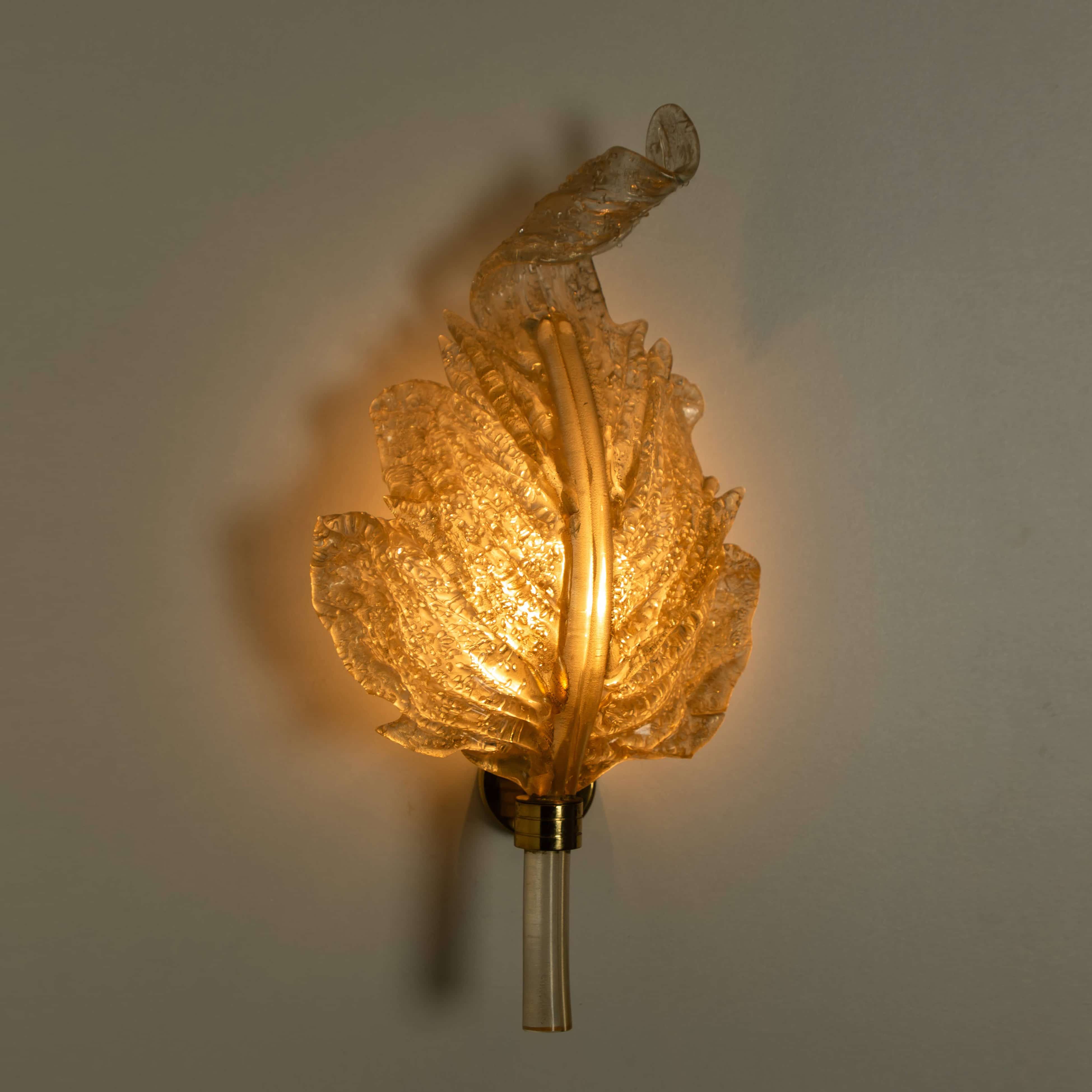 1 of the 4 Wall Sconces Barovier & Toso Glass and Brass Leafs, Italy 1970