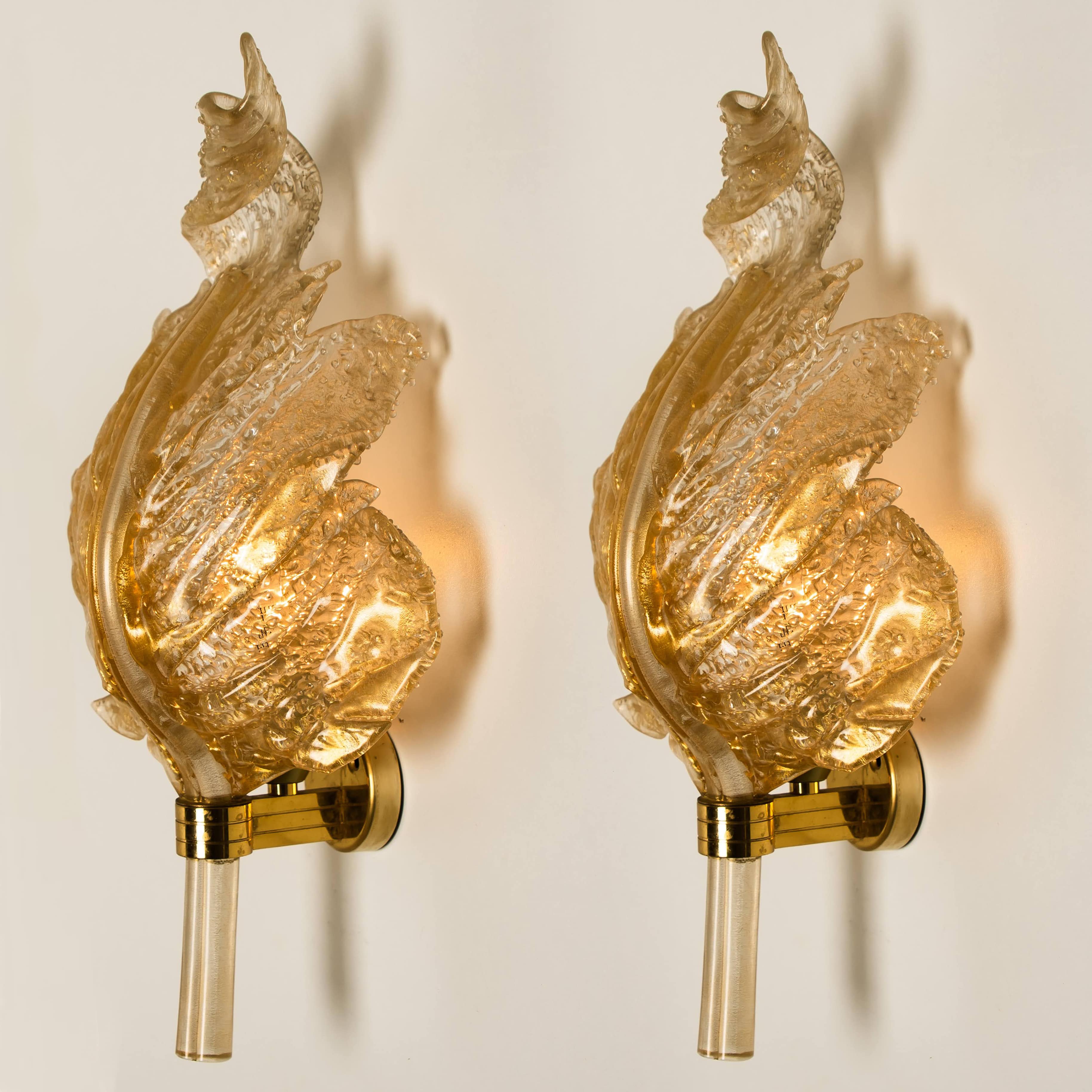 1 of the 4 Wall Sconces Barovier & Toso Glass and Brass Leafs, Italy 1970