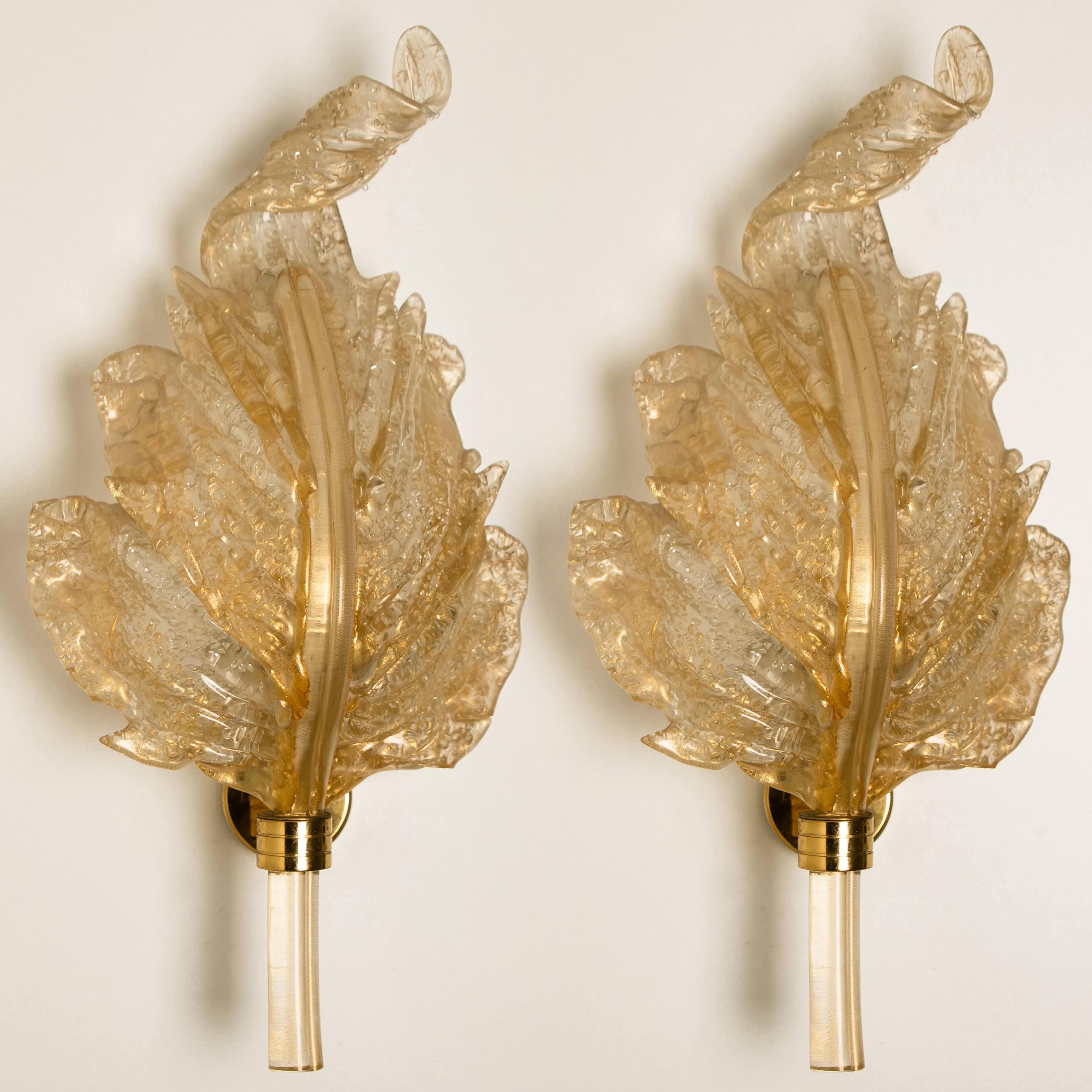 1 of the 4 Wall Sconces Barovier & Toso Glass and Brass Leafs, Italy 1970