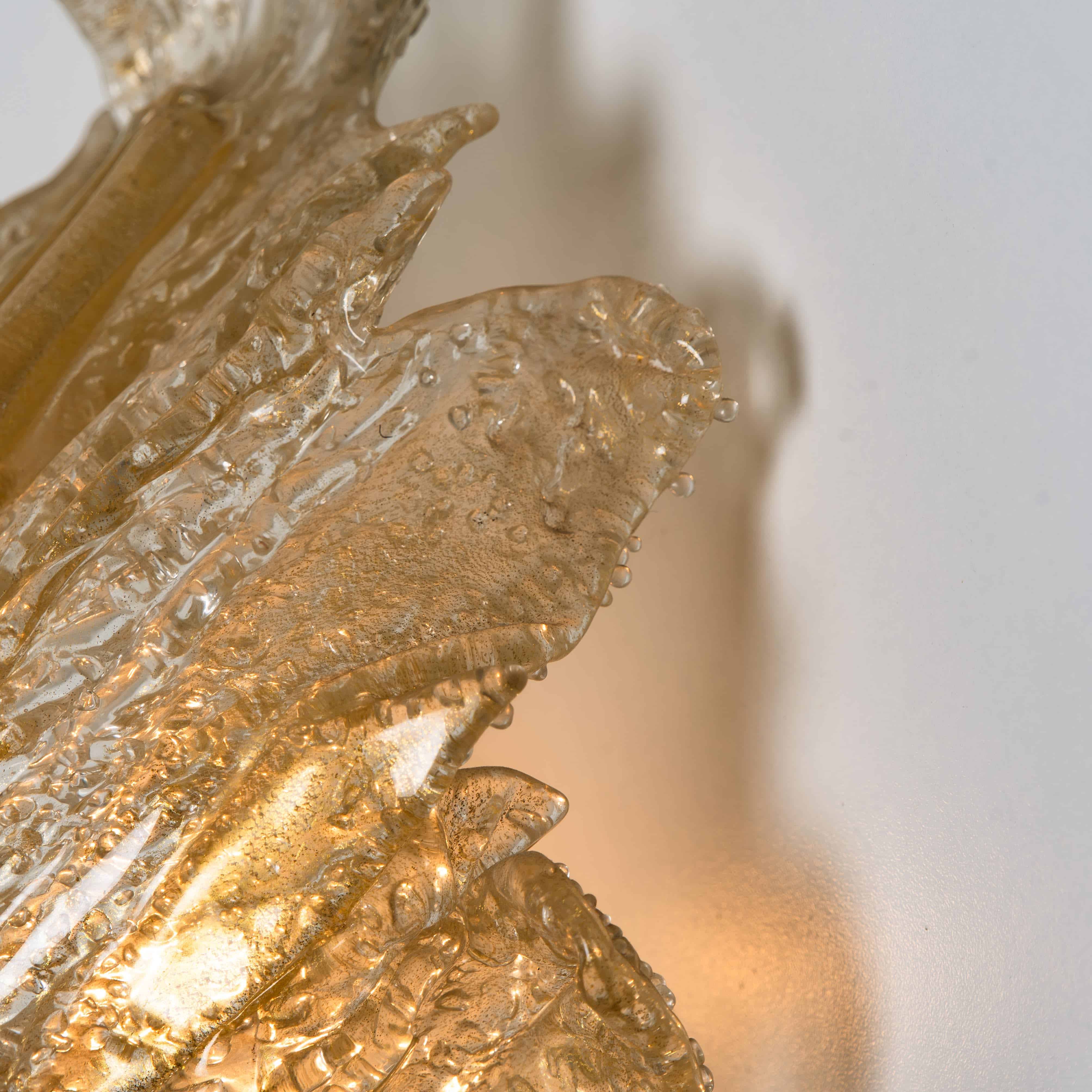 1 of the 4 Wall Sconces Barovier & Toso Glass and Brass Leafs, Italy 1970