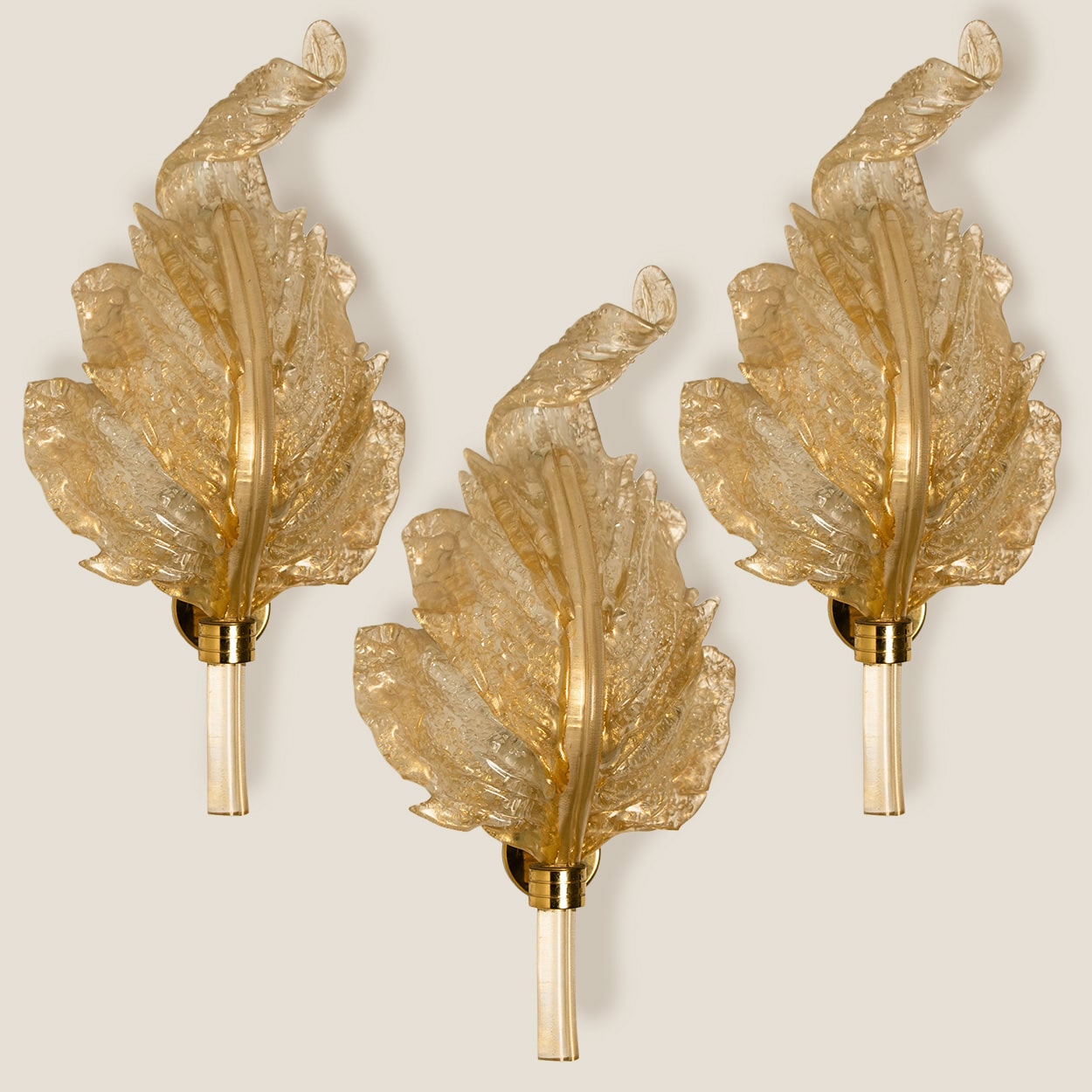 1 of the 4 Wall Sconces Barovier & Toso Glass and Brass Leafs, Italy 1970
