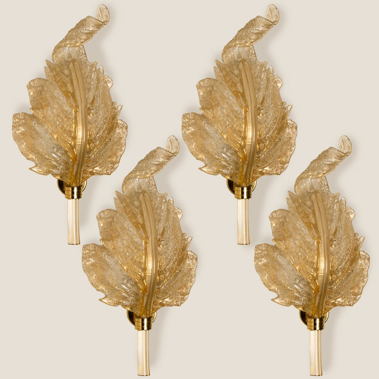 1 of the 4 Wall Sconces Barovier & Toso Glass and Brass Leafs, Italy 1970